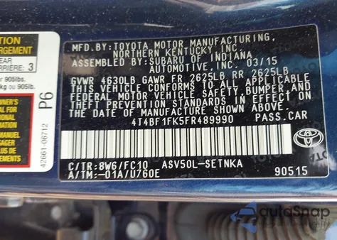 2015 Toyota Camry Le из США, поврежденный, VIN 4T4BF1FK5FR489990